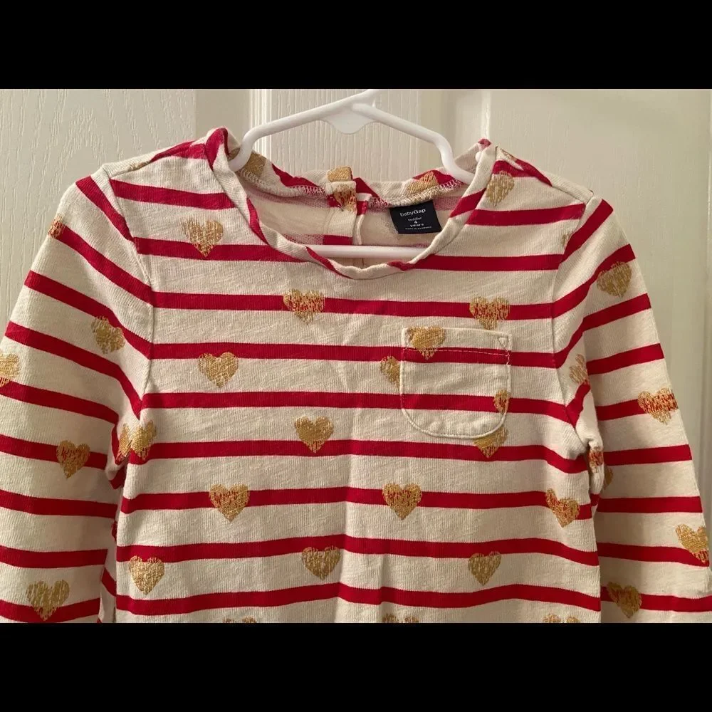 Baby Gap Long Sleeve Dress Red Striped Gold Hearts Chambray Skirt Girls Size 4T